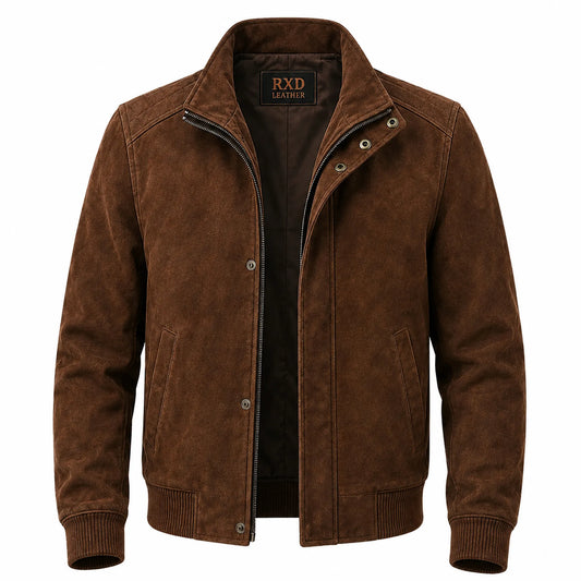 Men's brown suede leather bomber jacket – RXD Leather