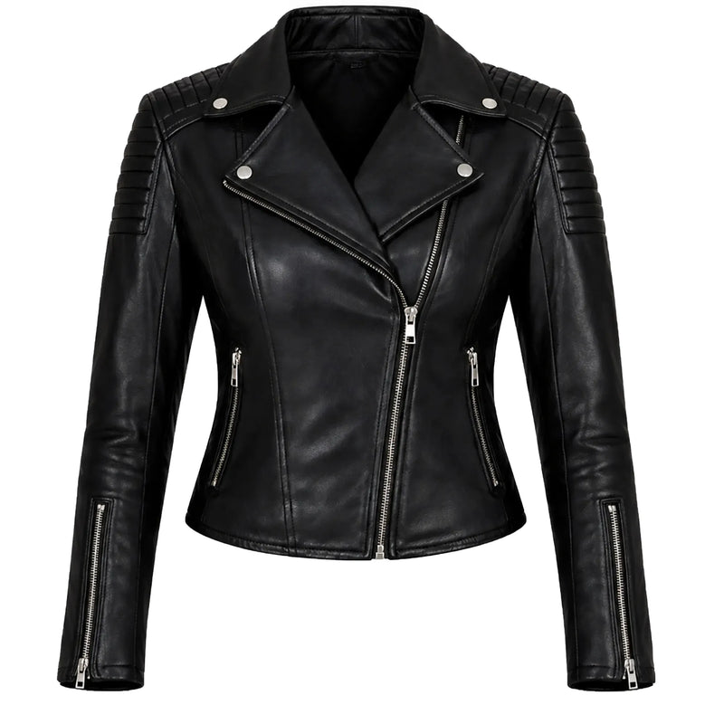 Women's black sheepskin leather biker jacket – RXD Leather