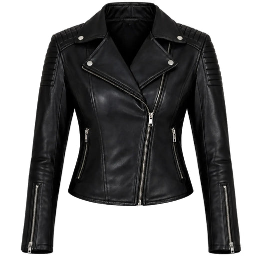 Women's black sheepskin leather biker jacket – RXD Leather