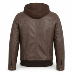 Men's Brown Leather Bomber Jacket with Hood Casual Winter Style Outfits - RXD Leather 00479 