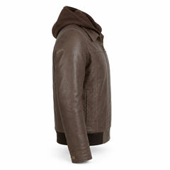 Men's Brown Leather Bomber Jacket with Hood Casual Winter Style Outfits - RXD Leather 00479 