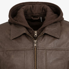 Men's Brown Leather Bomber Jacket with Hood Casual Winter Style Outfits - RXD Leather 00479 