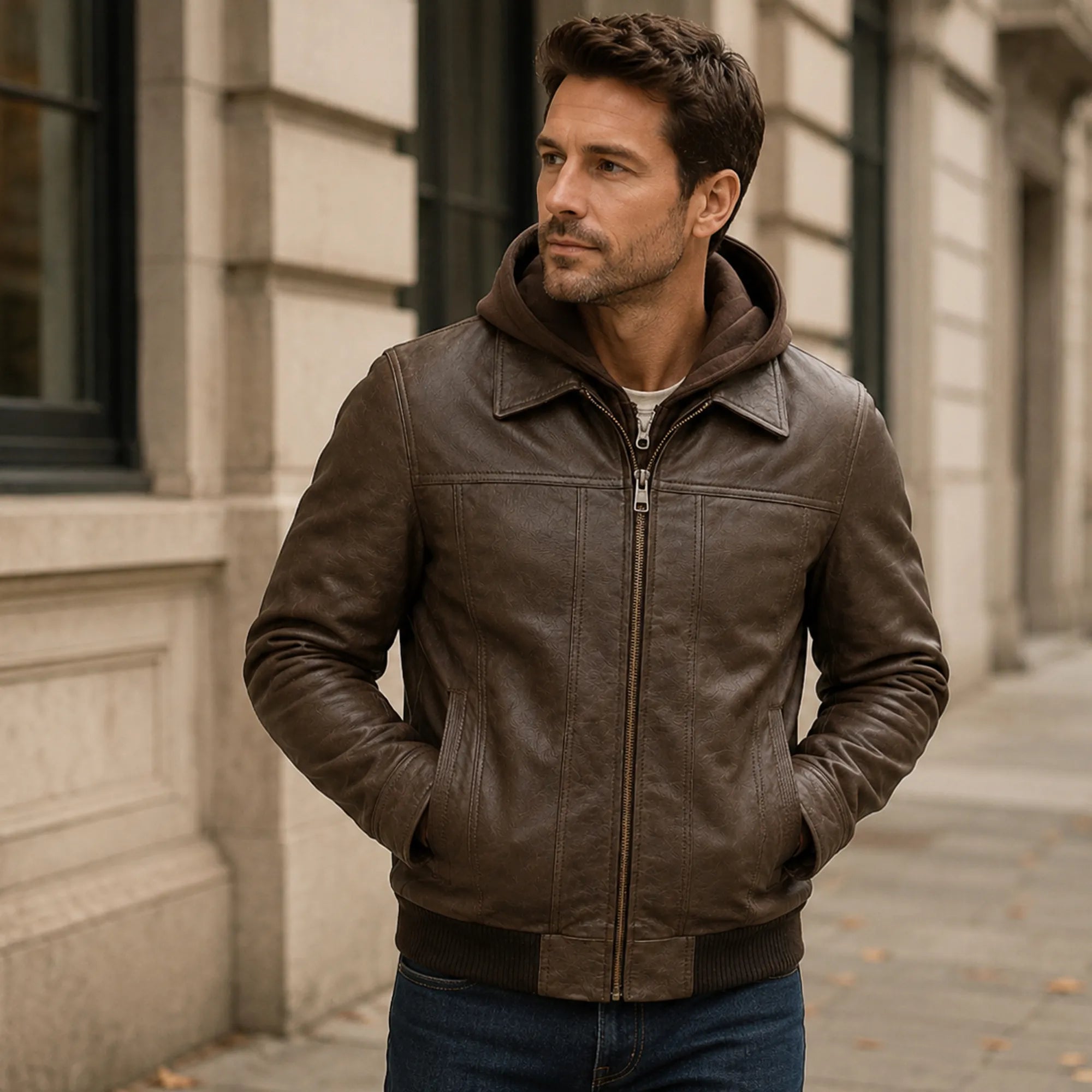 Men's Brown Leather Bomber Jacket with Hood Casual Winter Style Outfits - RXD Leather 00479 