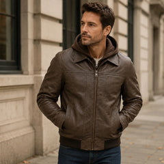 Men's Brown Leather Bomber Jacket with Hood Casual Winter Style Outfits - RXD Leather 00479 