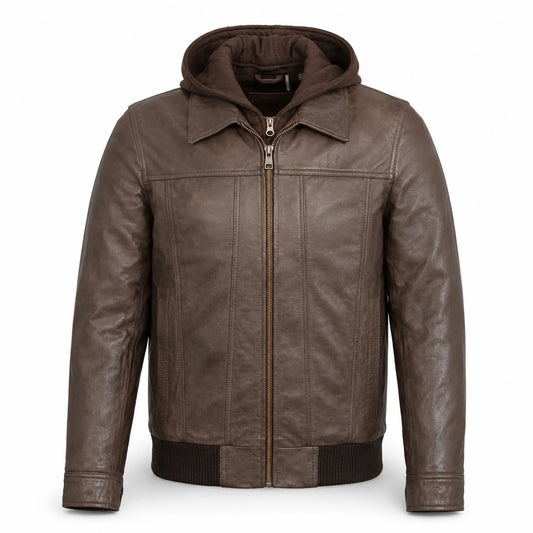 Men's Brown Leather Bomber Jacket with Hood Casual Winter Style Outfits - RXD Leather 00479 2000