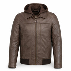 Men's Brown Leather Bomber Jacket with Hood Casual Winter Style Outfits - RXD Leather 00479