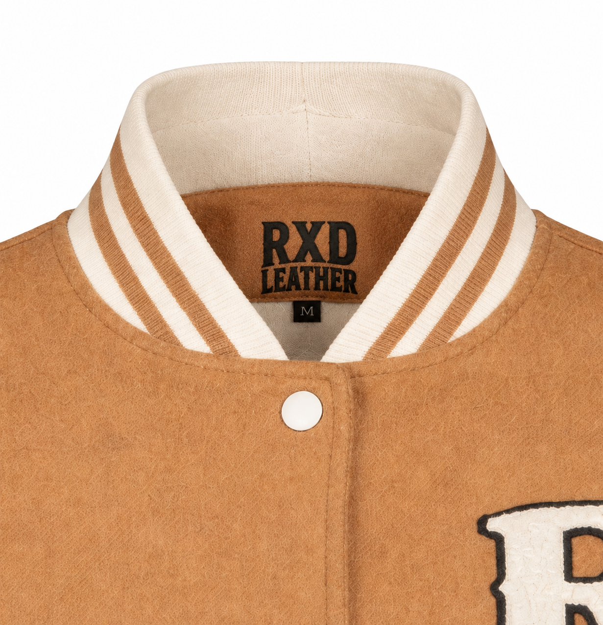 Women's camel varsity jacket styled – RXD Leather