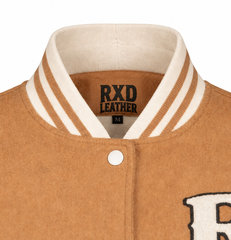Women's camel varsity jacket styled – RXD Leather
