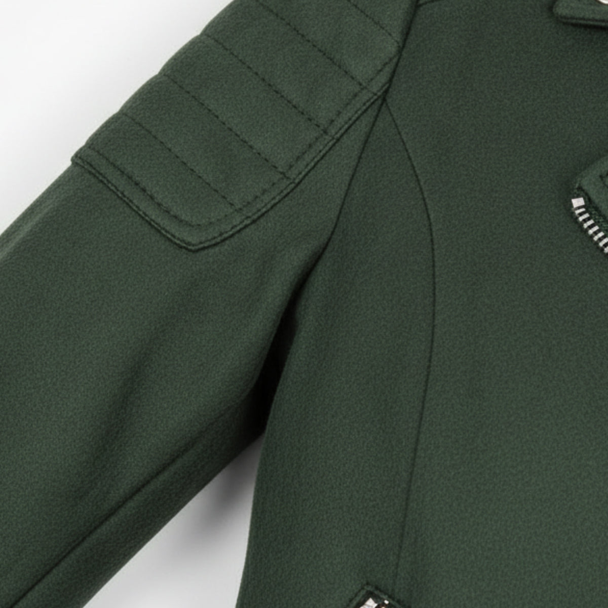 Women's olive green suede biker jacket detail – RXD Leather