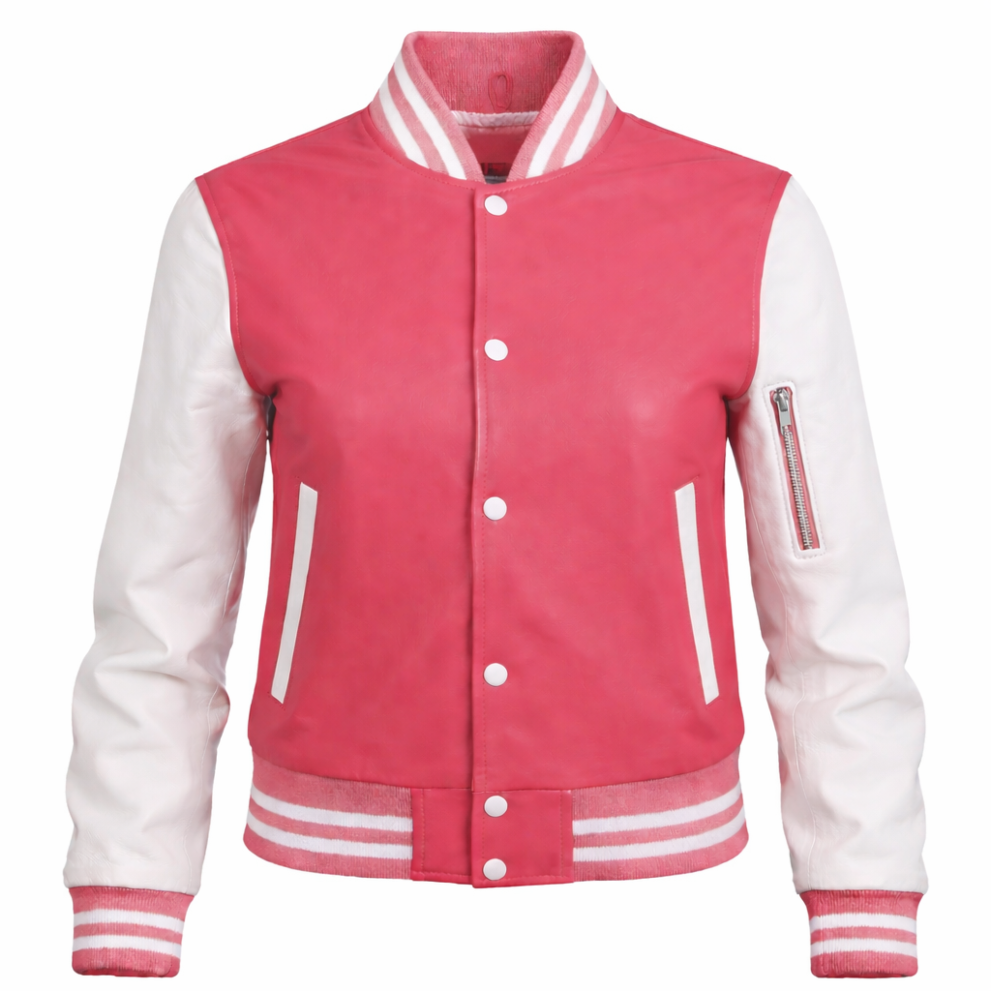 Women Pink White Varsity Bomber Jacket Casual Streetwear Style - RXD Leather 00364 