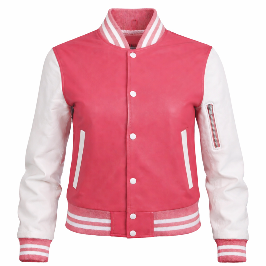 Women's pink and white varsity bomber jacket – RXD Leather