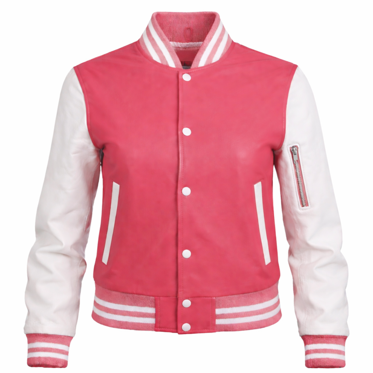Women Pink White Varsity Bomber Jacket Casual Streetwear Style - RXD Leather 00364 