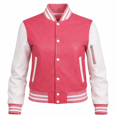 Women Pink White Varsity Bomber Jacket Casual Streetwear Style - RXD Leather 00364 