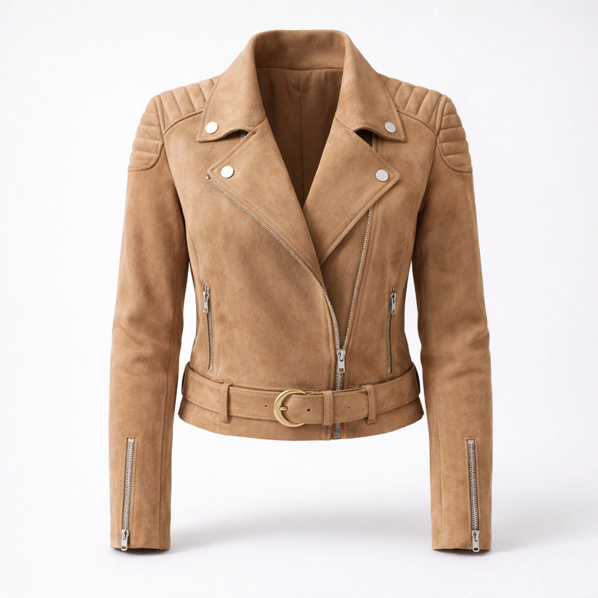Women Camel Suede Biker Jacket Fitted Casual Streetwear Style Fashion - RXD Leather 00293 
