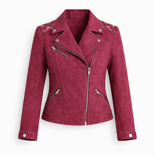 Women's Pink Real Suede Biker Leather Jacket Asymmetrical Zip Style - RXD Leather 00277 2000