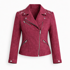 Women's Pink Real Suede Biker Leather Jacket Asymmetrical Zip Style - RXD Leather 00277