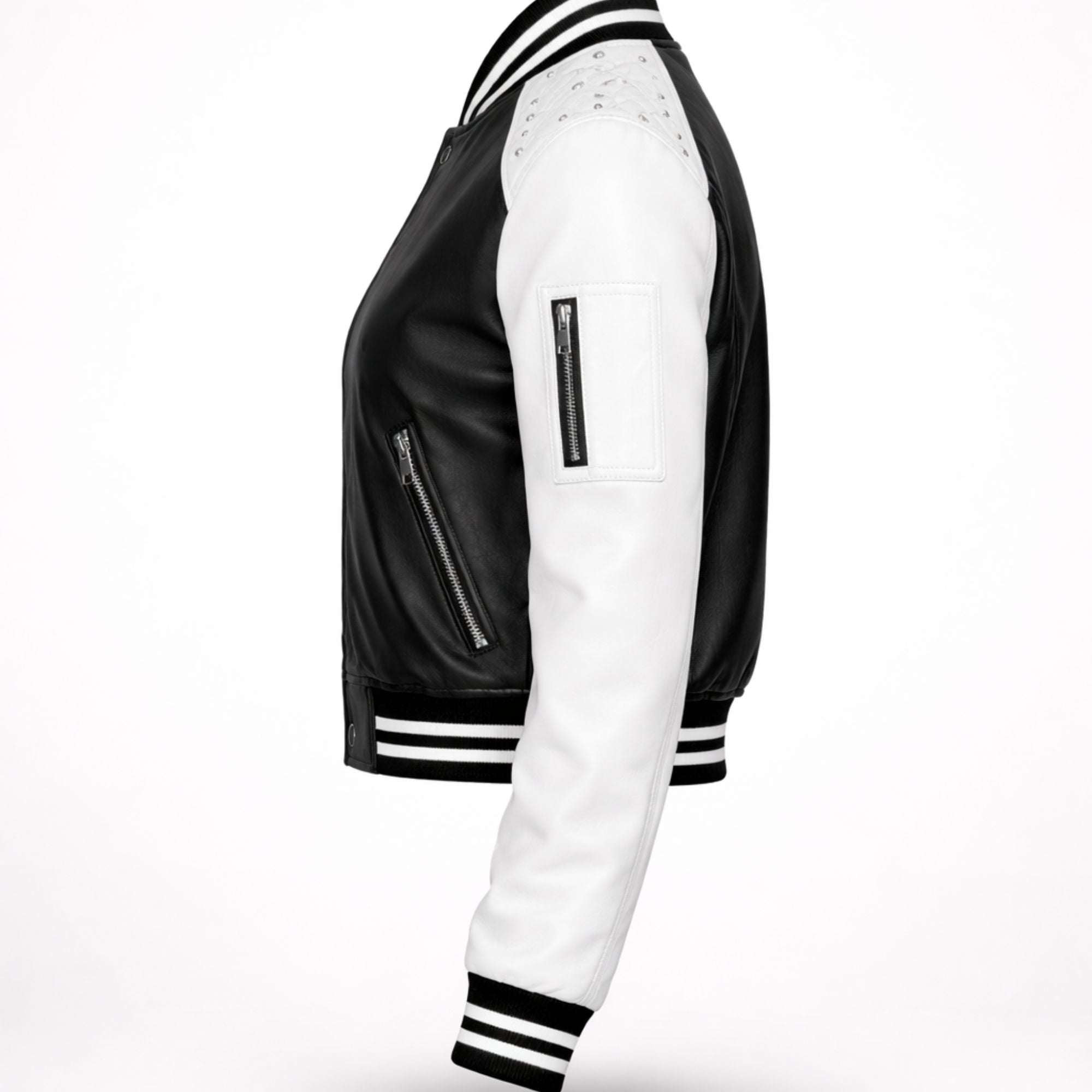 Women Black White Varsity Bomber Jacket Faux Leather Style Fit - RXD Leather 00328 