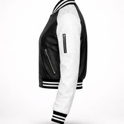Women's black white varsity bomber jacket styled – RXD Leather