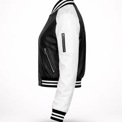 Women Black White Varsity Bomber Jacket Faux Leather Style Fit - RXD Leather 00328 