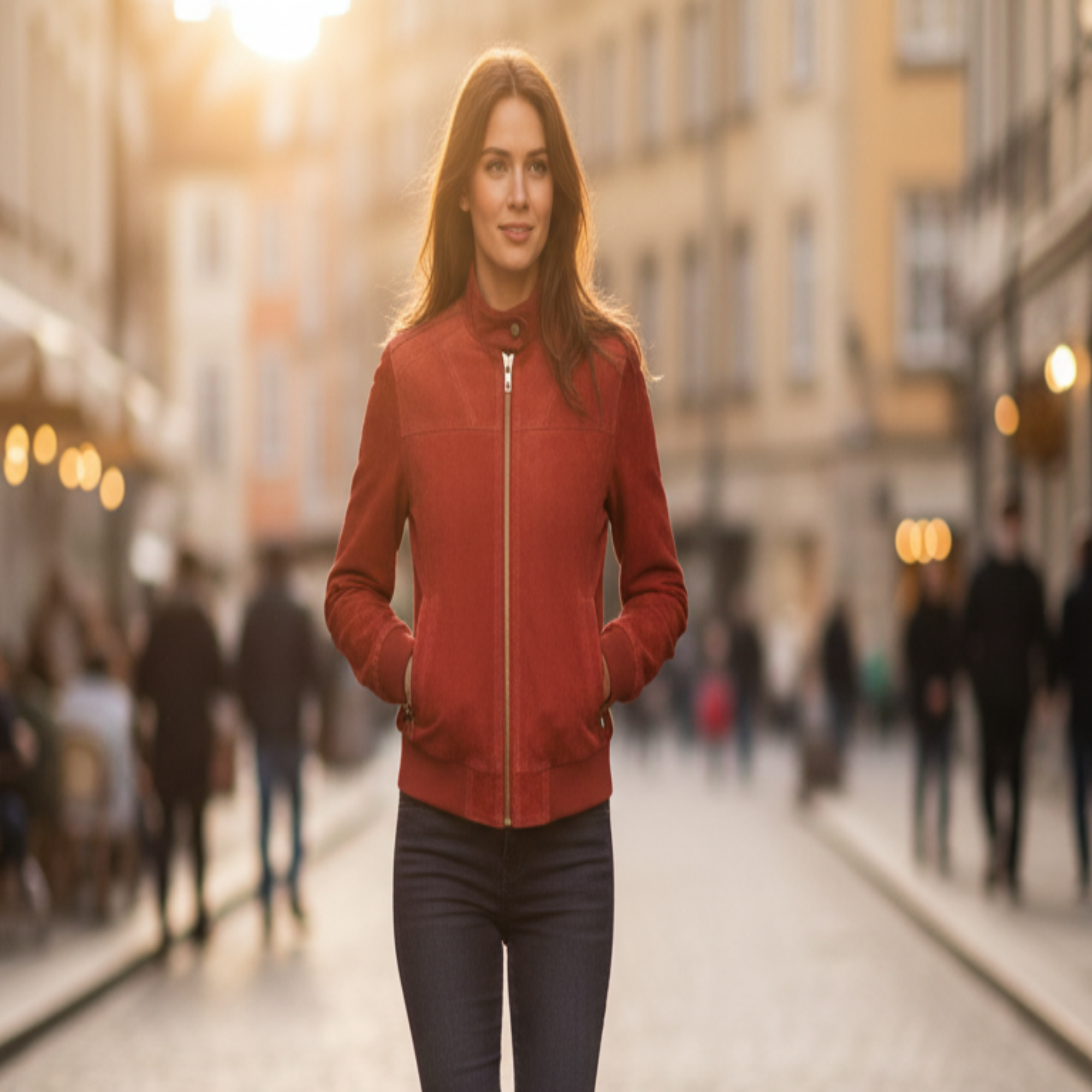 Women Red Suede Leather Bomber Moto Jacket Vintage Casual Fit - RXD Leather 00296