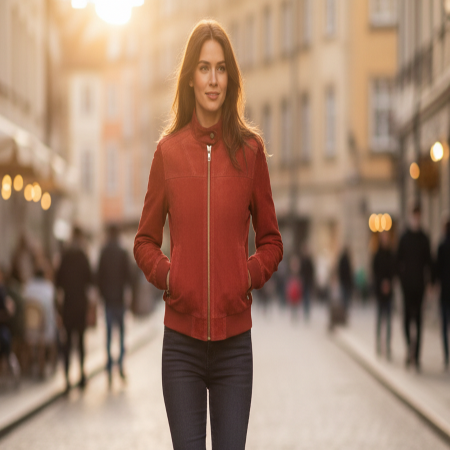 Women's wine red suede bomber jacket – RXD Leather