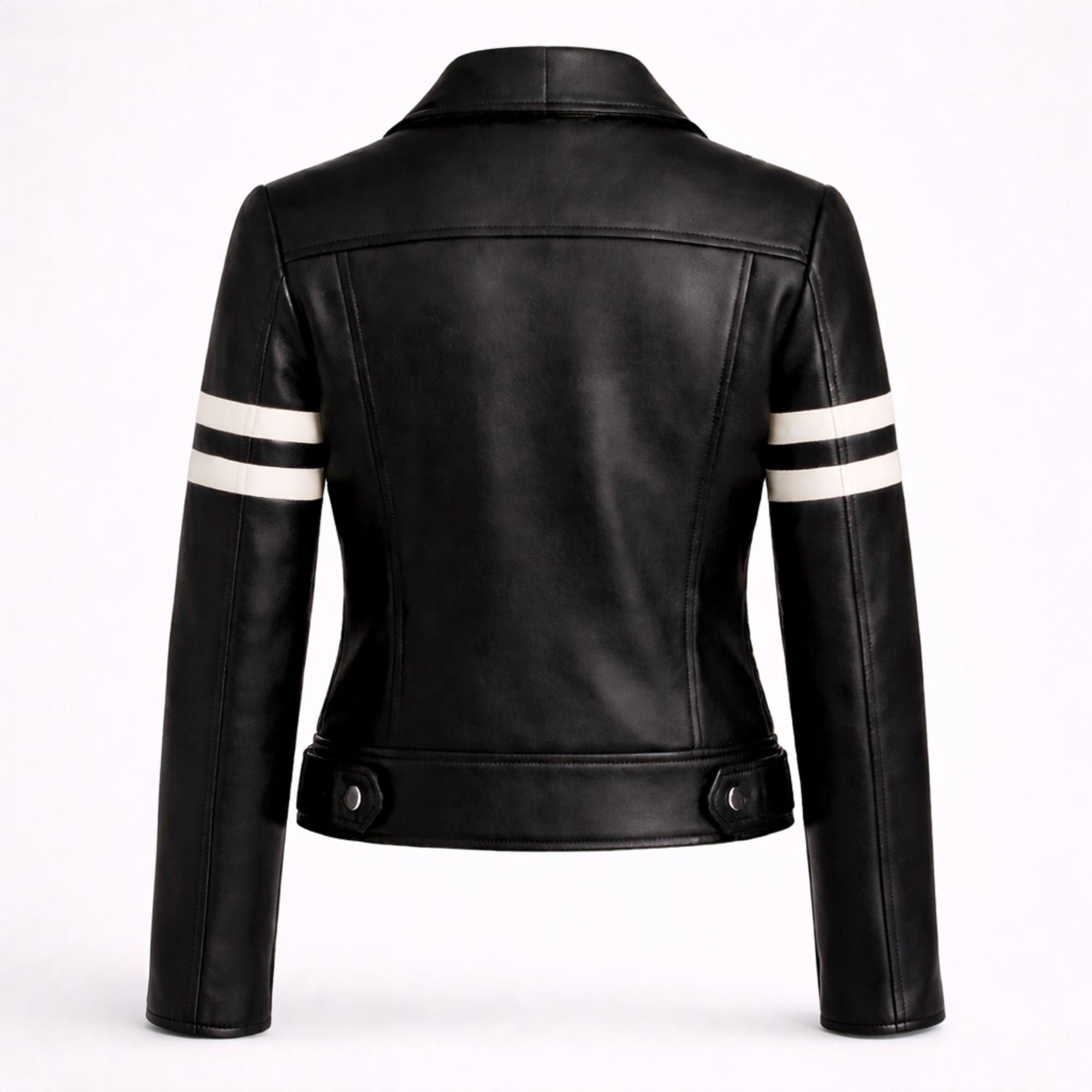 Women Black Leather Biker Jacket White Stripe Moto Style Outfit - RXD Leather 00358