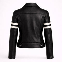 Women Black Leather Biker Jacket White Stripe Moto Style Outfit - RXD Leather 00358