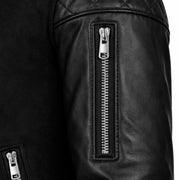 Women's black leather sleeve varsity jacket detail – RXD Leather