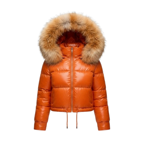 Women Orange Leather Puffer Jacket Faux Fur Hood Winter Style - RXD Leather 008