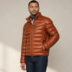 Mens Lambskin Leather Puffer Jacket Winter Ribbed Stand Collar - RXD Leather 00173