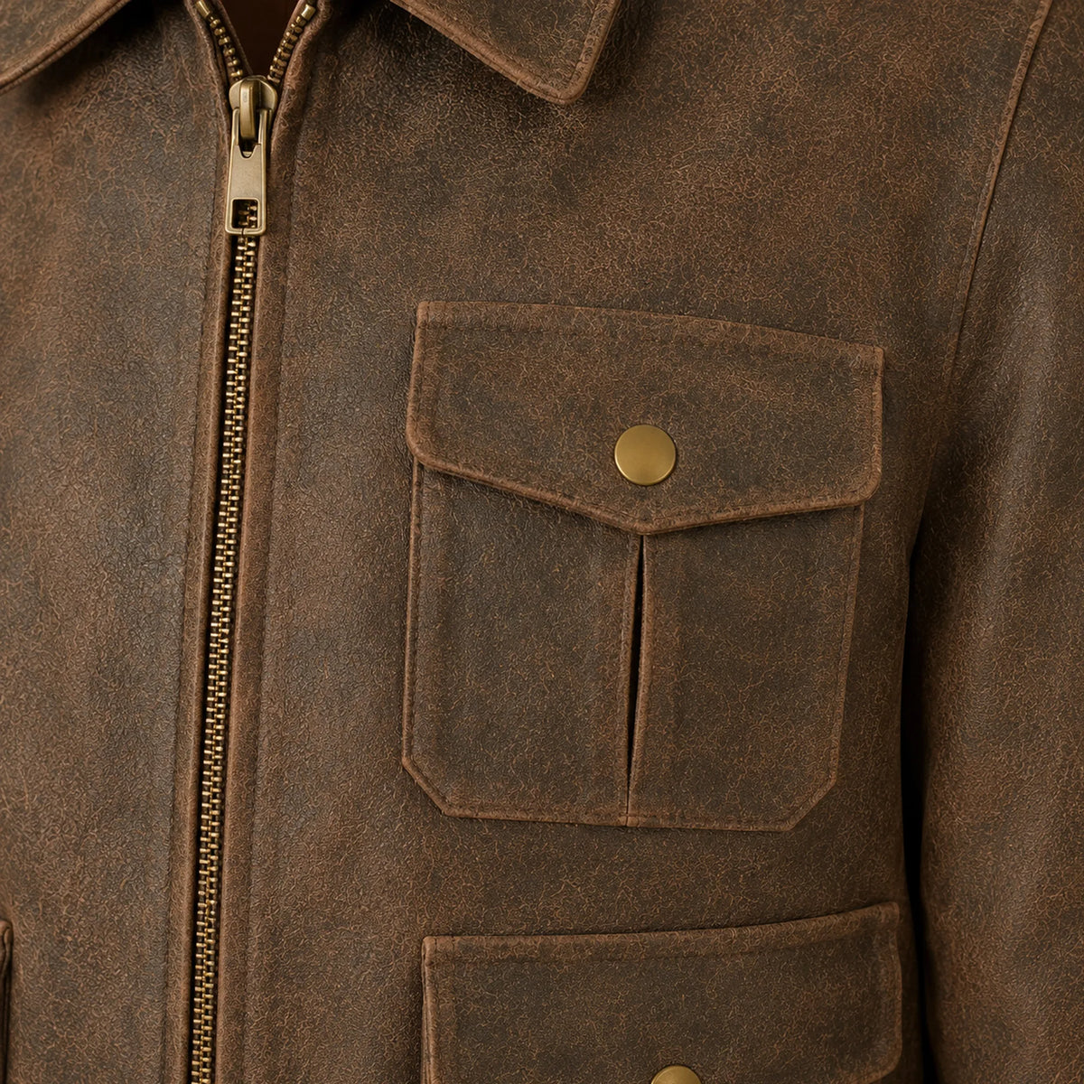 Women's brown distressed leather bomber jacket detail – RXD Leather