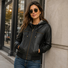 Women Black Hooded Leather Bomber Jacket Winter Casual Outfit - RXD Leather 00440