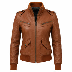 Women’s Brown Vintage Leather Bomber Jacket - RXD Leather 00441