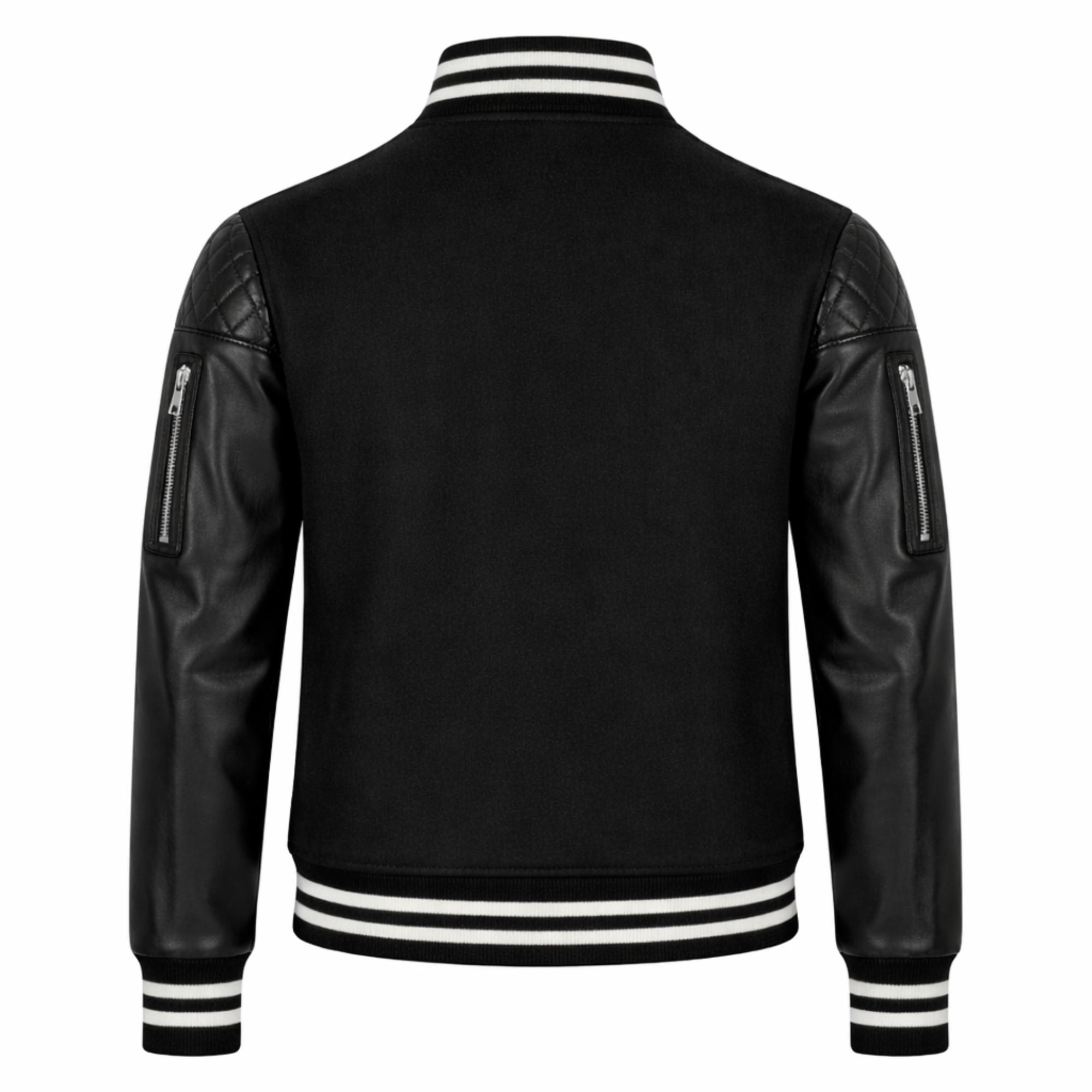 Women Black Varsity Jacket Sheepskin Leather Sleeve Style - RXD Leather 00329