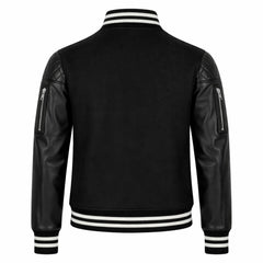 Women Black Varsity Jacket Sheepskin Leather Sleeve Style - RXD Leather 00329