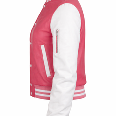 Women Pink White Varsity Bomber Jacket Casual Streetwear Style - RXD Leather 00364
