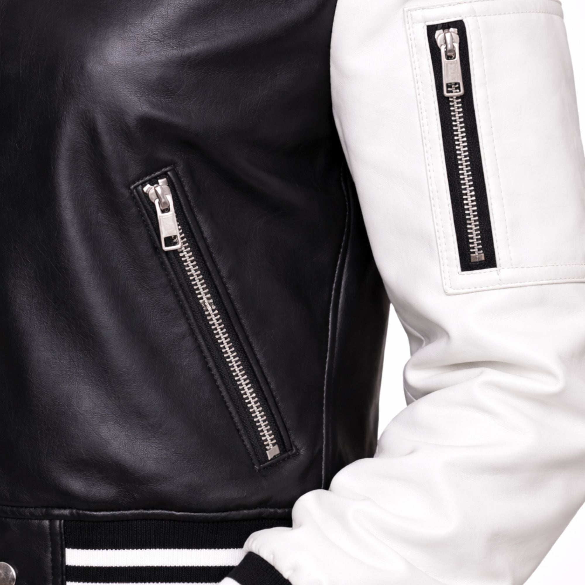 Women Black White Varsity Bomber Jacket Faux Leather Style Fit - RXD Leather 00328 