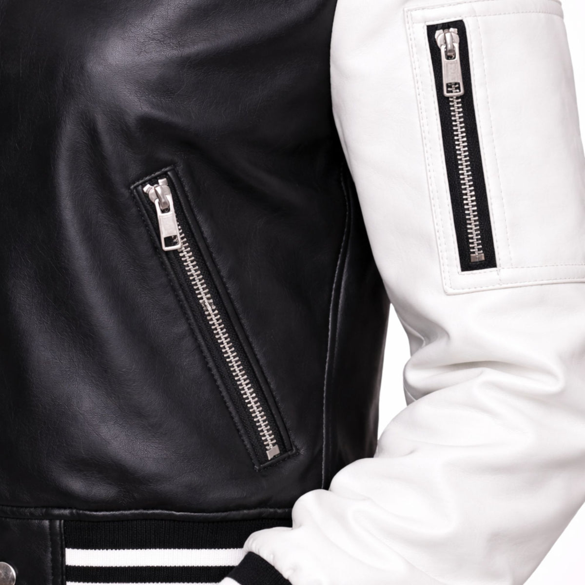 Women's black white varsity bomber jacket back – RXD Leather