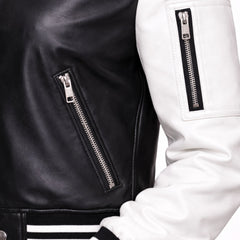 Women Black White Varsity Bomber Jacket Faux Leather Style Fit - RXD Leather 00328 