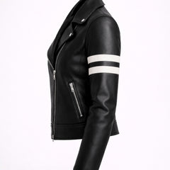 Women Black Leather Biker Jacket White Stripe Moto Style Outfit - RXD Leather 00358