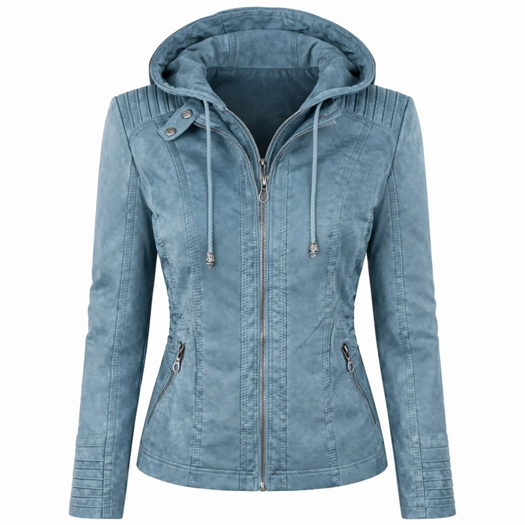 Women Blue Faux Leather Hooded Jacket Slim Fit Casual Wear Style - RXD Leather 0019