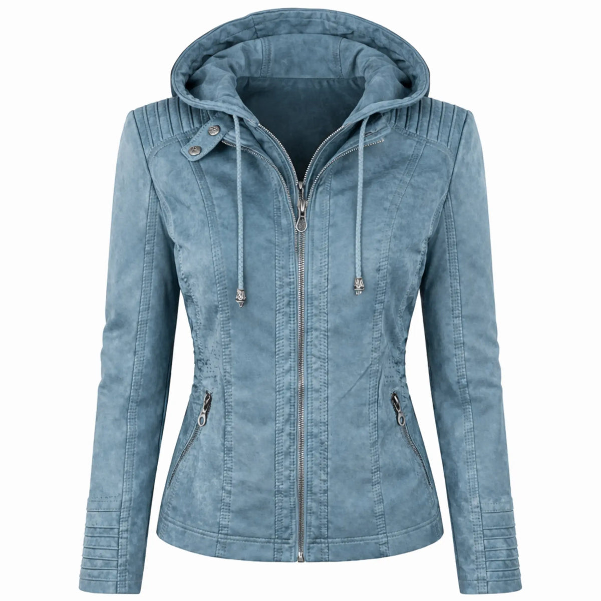 Women Blue Faux Leather Hooded Jacket Slim Fit Casual Wear Style - RXD Leather 0019