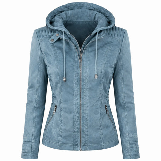 Women Blue Faux Leather Hooded Jacket Slim Fit Casual Wear Style - RXD Leather 0019 2000
