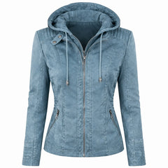 Women Blue Faux Leather Hooded Jacket Slim Fit Casual Wear Style - RXD Leather 0019