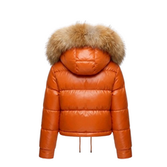 Women Orange Leather Puffer Jacket Faux Fur Hood Winter Style - RXD Leather 008