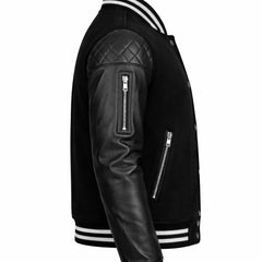 Women Black Varsity Jacket Sheepskin Leather Sleeve Style - RXD Leather 00329