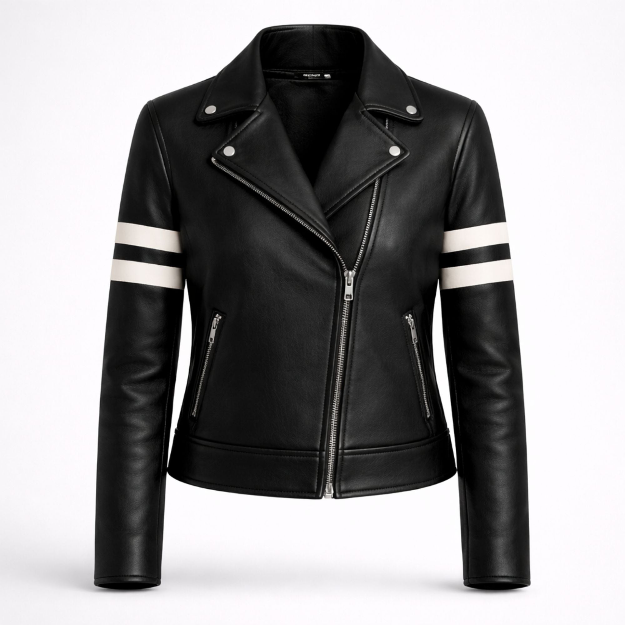 Women Black Leather Biker Jacket White Stripe Moto Style Outfit - RXD Leather 00358