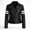 Women's black leather biker jacket with white stripes – RXD Leather