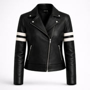 Women's black leather biker jacket with white stripes – RXD Leather