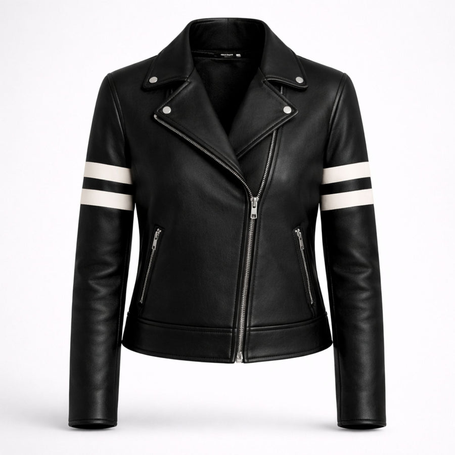 Women's black leather biker jacket with white stripes – RXD Leather